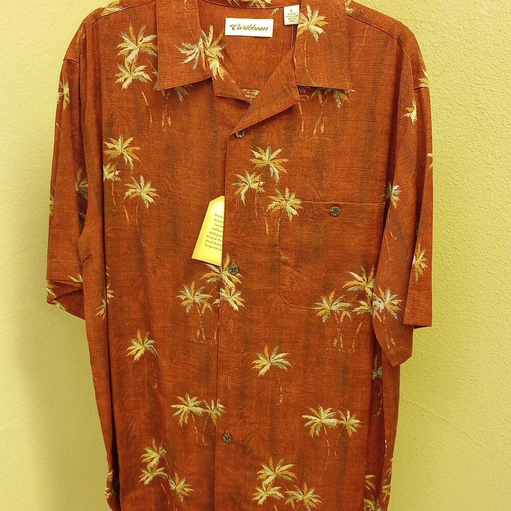 Caribbean men's shirt, red with white palm trees, large size